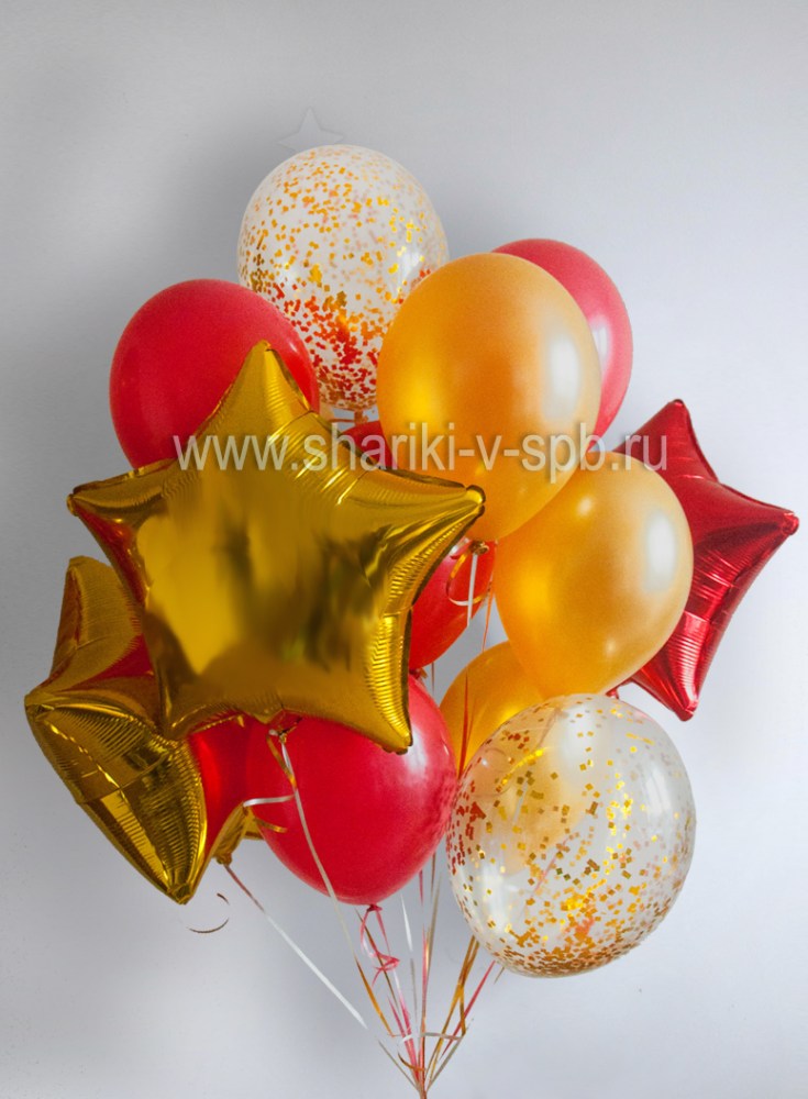 набор шаров в красно-золотых цветах с конфетти и звездами